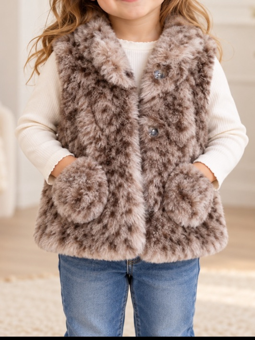 Mini Boden Taupe Faux Fur Vest with Pockets